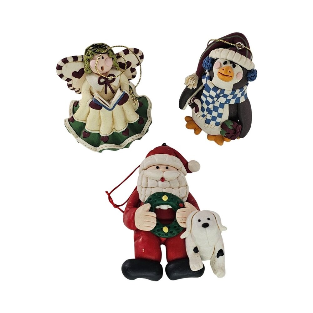 Set Of 3 Christmas Figurine Ornaments Santa Angel Penguin Polymer Clay